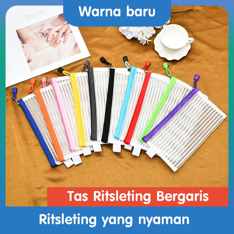 

Tas Tagihan Tas Alat Tulis Tempat Pensil Tas Pena Jala Tas Penyimpanan Bergaris Tas Ritsleting 10 warna
