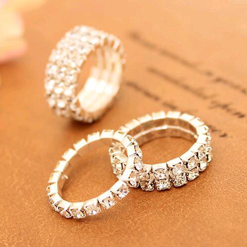 Korean Bright Silver Plated Elastic Rings Shining Crystal Rhinestone for Women Jewelry