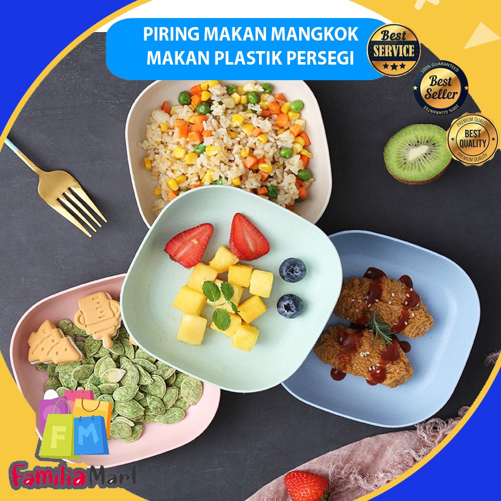 PIRING MAKAN MANGKOK MAKAN PLASTIK PERSEGI WARNA WARNI BAHAN JERAMI