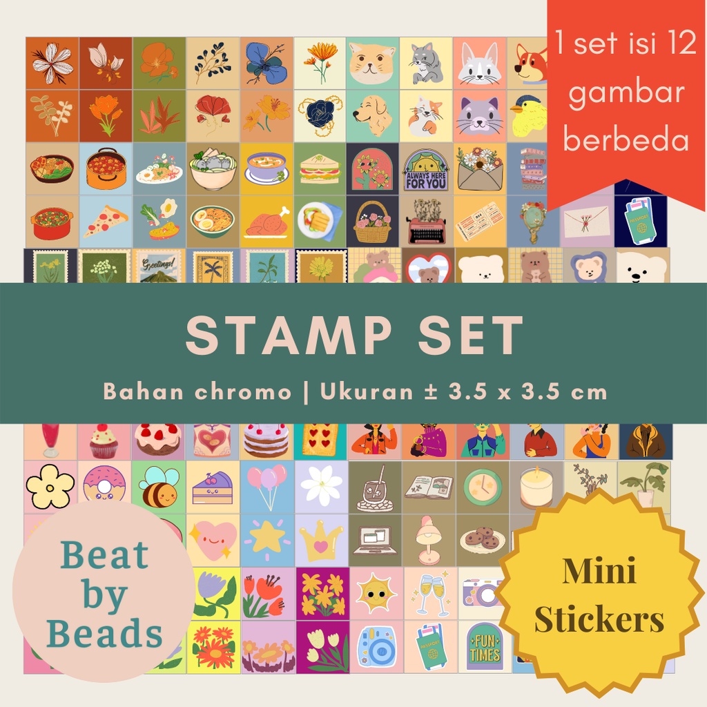 

Stamp Sticker Set | 12 Pcs/set | Stiker Kotak Kecil Aesthetic Tumblr Kawai Lucu Untuk Journalling Bujo Deco Freebies Gift Seal | BeatbyBeads