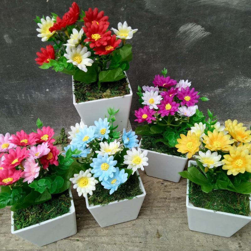 BUNGA DAISY + VAS MELAMIN KOTAK KECIL  bunga mawar plastik bunga mawar kain artificial