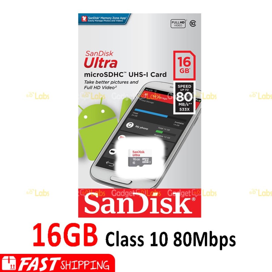 Micro SD SanDisk 16GB Ultra Class 10 80mb/s Memory Card Class - Garansi Resmi