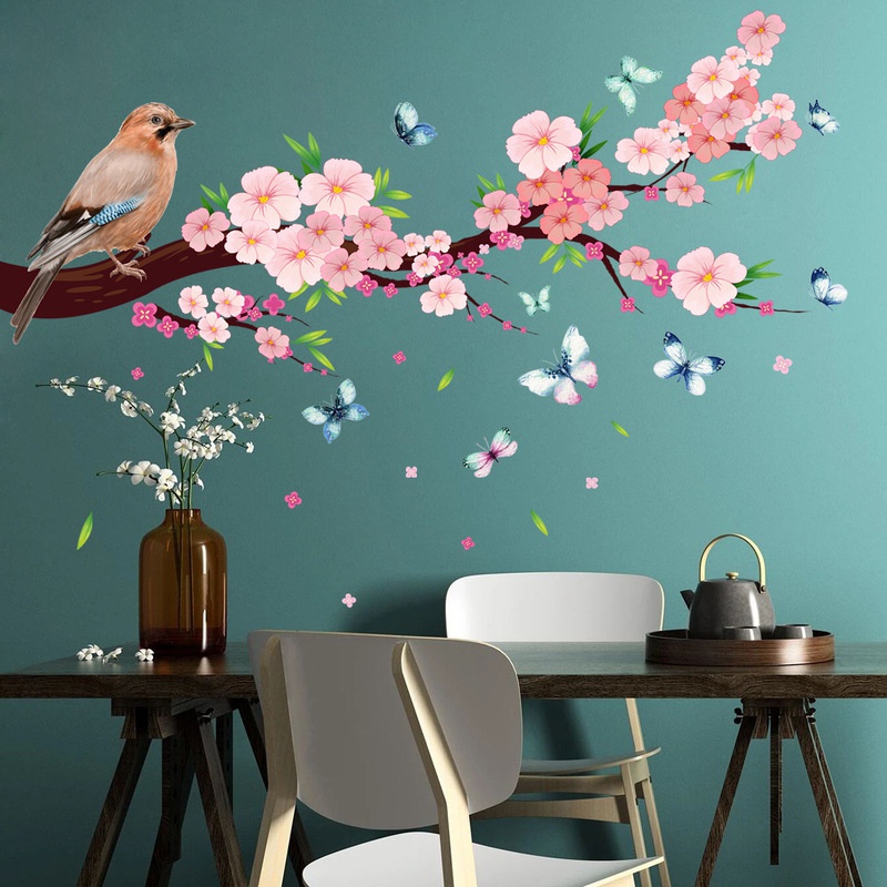 2pcs / set Stiker Dinding Motif Kupu-Kupu / Burung / Bunga Sakura Removable Untuk Dekorasi Ruang Tamu / Kamar Tidur