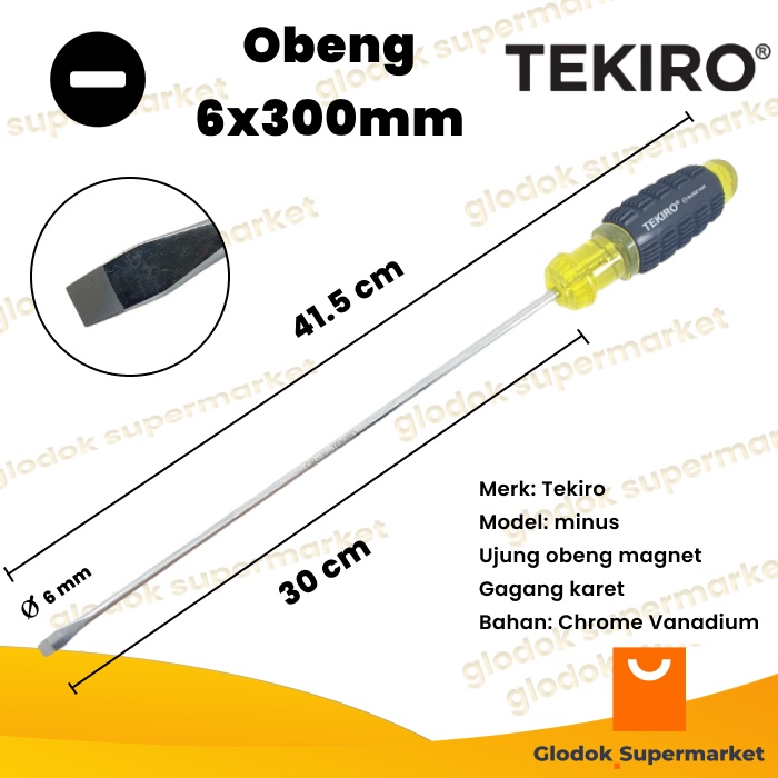 Obeng Minus 12 inch Tekiro Diameter 6mm Panjang Besi 30cm Magnet Gagang Karet