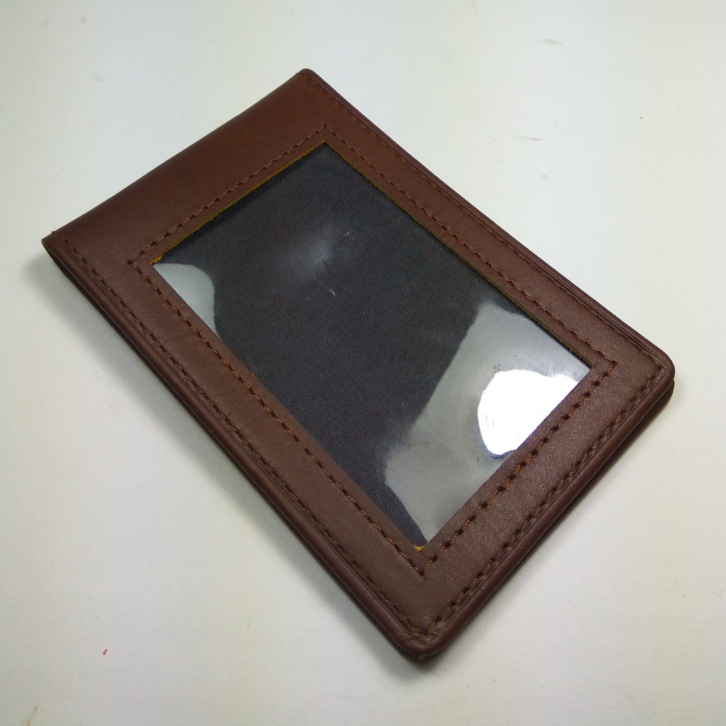 Dompet ID card holder kulit asli warna coklat model selip saku magnet