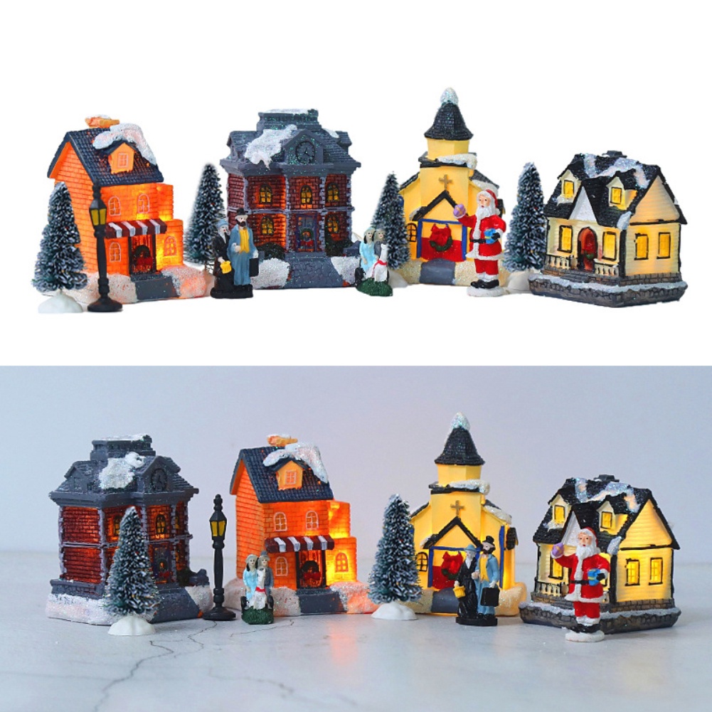 10pcs / Set Ornamen Desa Natal Bahan Resin Dengan Lampu Led Untuk Dekorasi Rumah