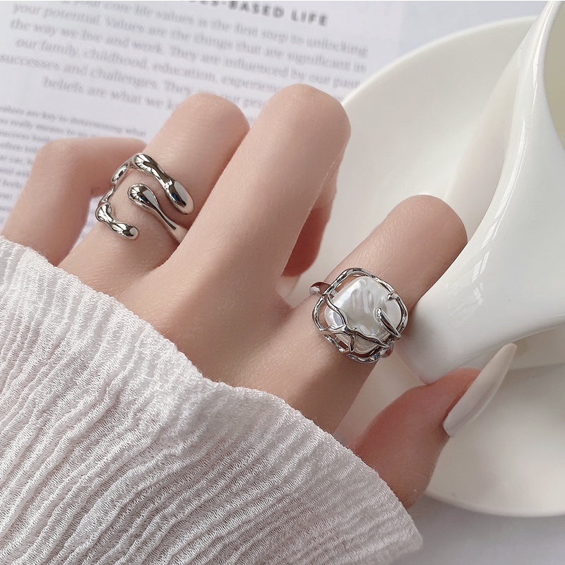 2pcs / Set Cincin Model Terbuka Desain Geometri Hias Mutiara Warna Silver Gaya Elegan Untuk Wanita