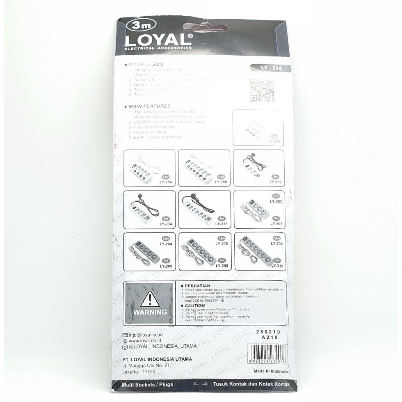 LY-234KB3 Loyal Premium Stop Kontak Arde 4 Lubang 3 Meter + Saklar Lampu Untuk Watt Besar / Colokan