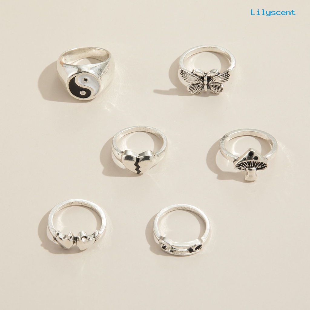 6pcs / Set Cincin Desain Butterfly Bahan Alloy Gaya Retro Stackable Untuk Aksesoris Perhiasan