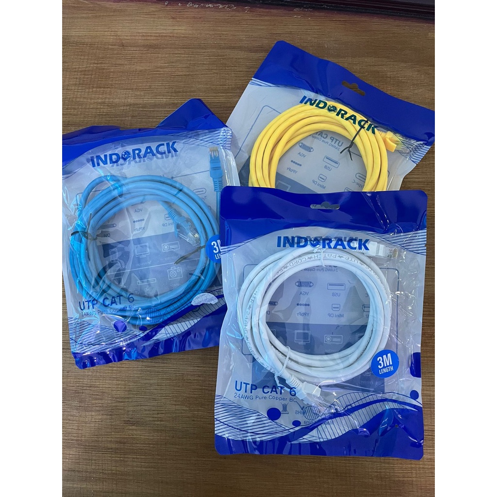 Patch Cord CAT6, 24AWG, 3 Meter Blue / White / Yellow - INDORACK 3 Meter