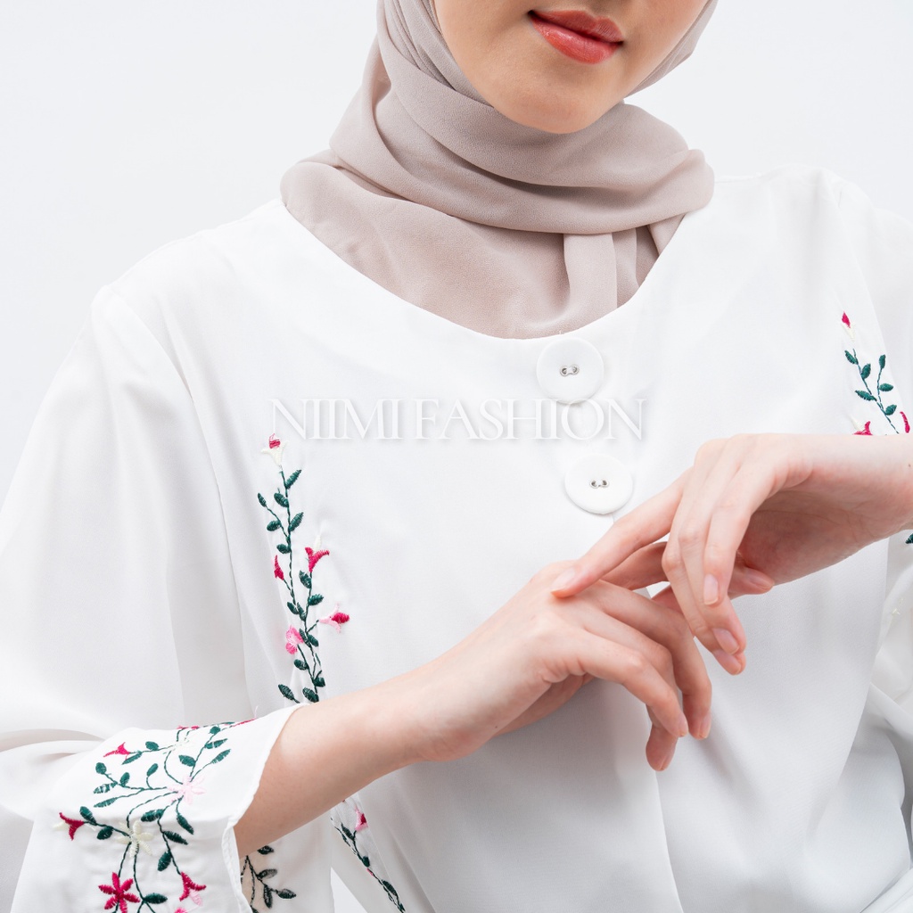 NIMI - Abira Blouse Putih Midi Dres Putih Bordir Premium Atasan Long Tunik Putih Jumbo Bordir