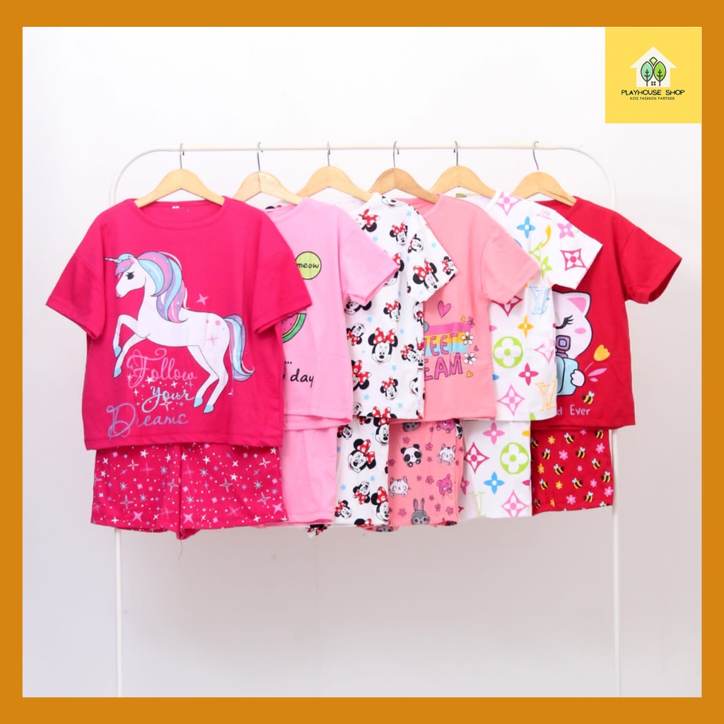 Baju Anak Perempuan Setelan Kaos umur 4-15 Tahun/Stelan Pendek Anak cewek/Baju Rumah Anak Perempuan