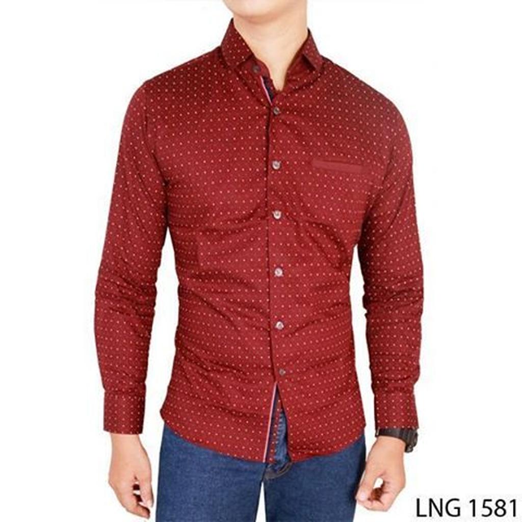 Kemeja Slim Fit Casual Panjang Katun Merah – LNG 1581