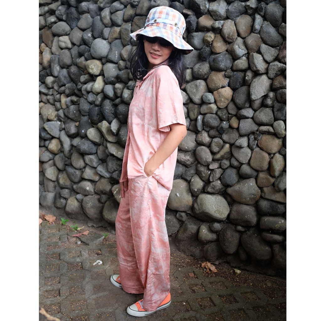 Baju Tidur Set Loungewear One Set Tie Dye Rayon Printing Baju Kemeja Setelan Pajamas piyama Wanita Halus Adem Pink Panjang