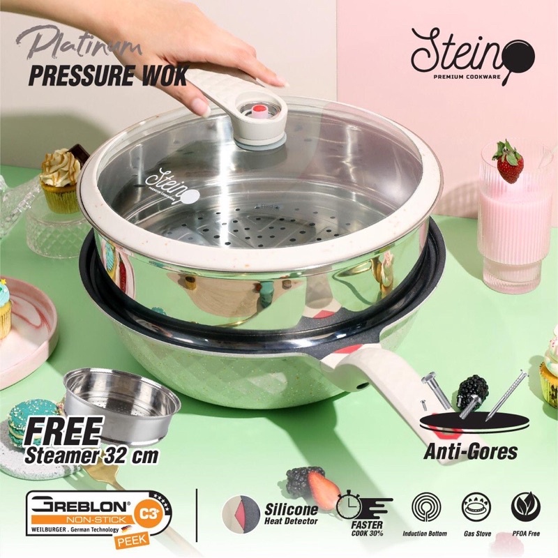 STEIN COOKWARE PLATINUM PRESSURE WOK PAN 32CM - FREE STEAMER