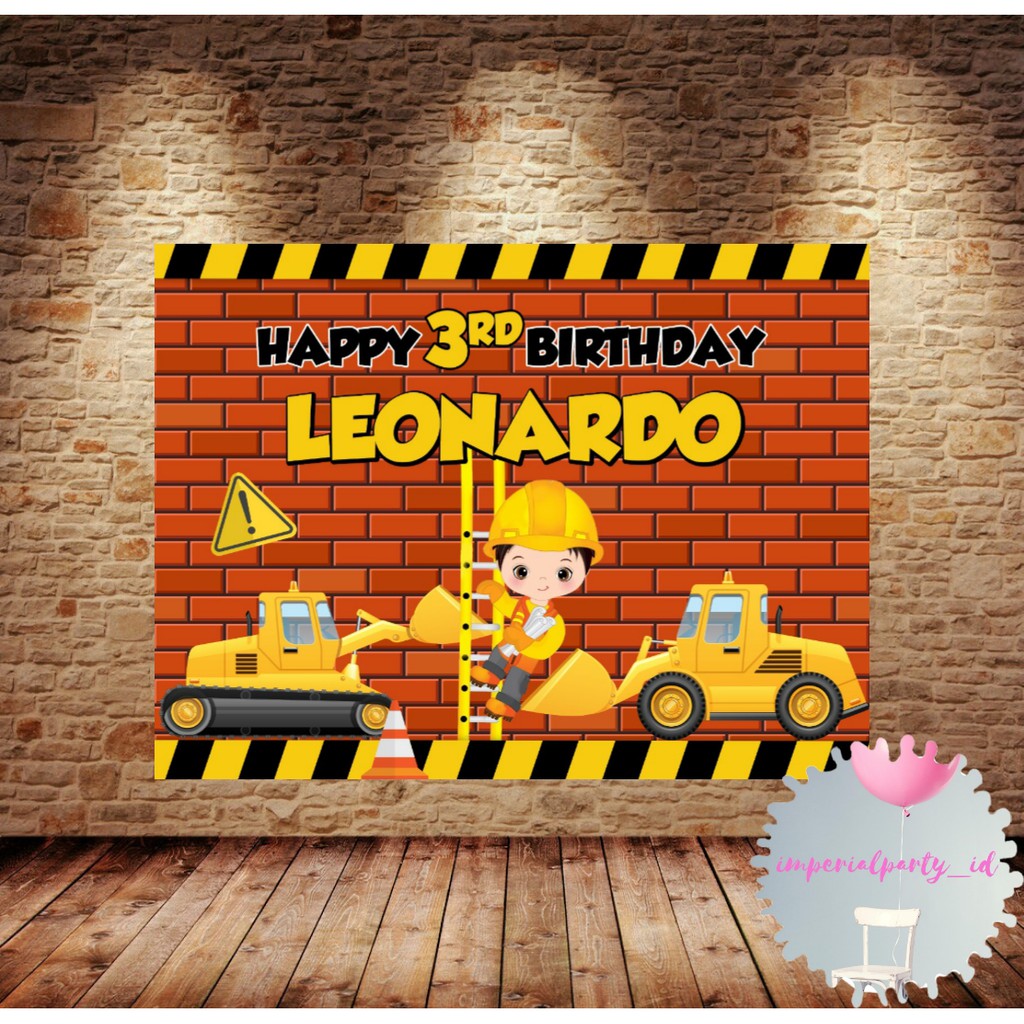 Custom Backdrop Banner Spanduk Happy Birthday Construction Boy