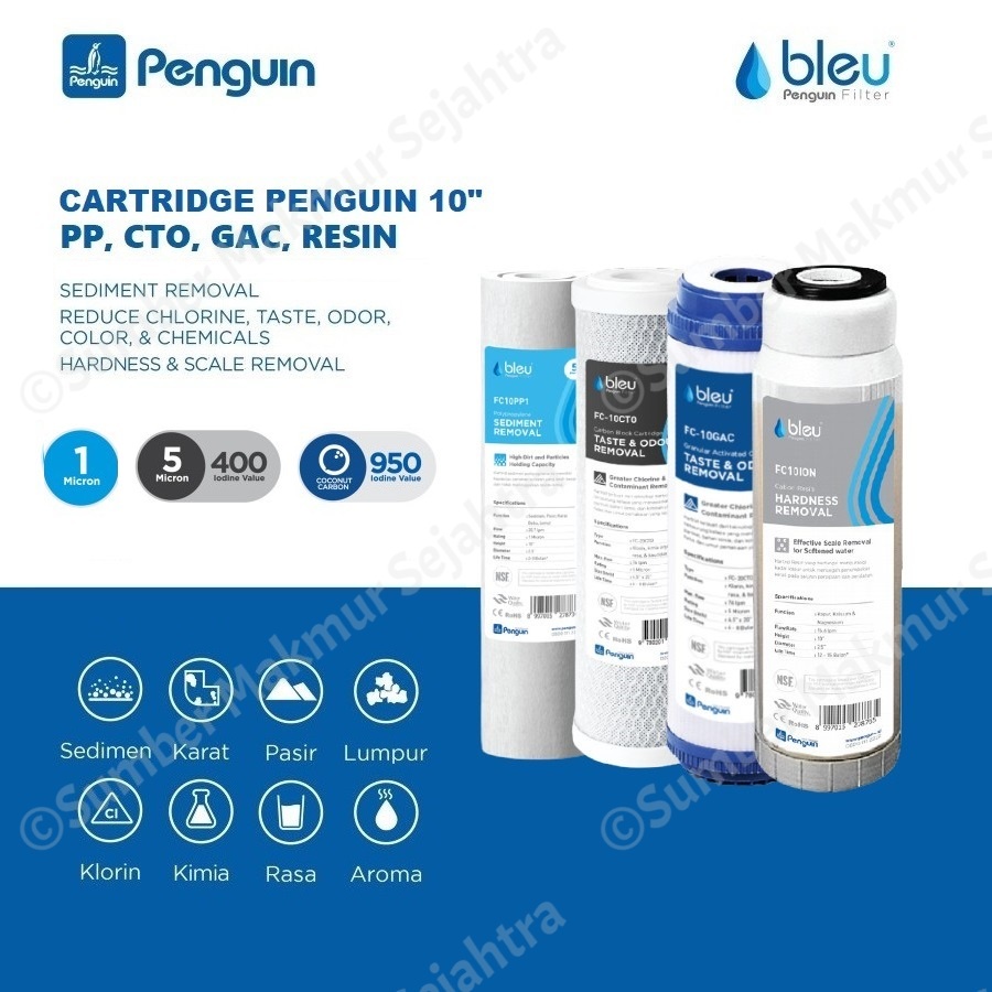 Jual Paket Cartridge Filter Air Penguin Bleu 10" PP CTO GAC Resin
