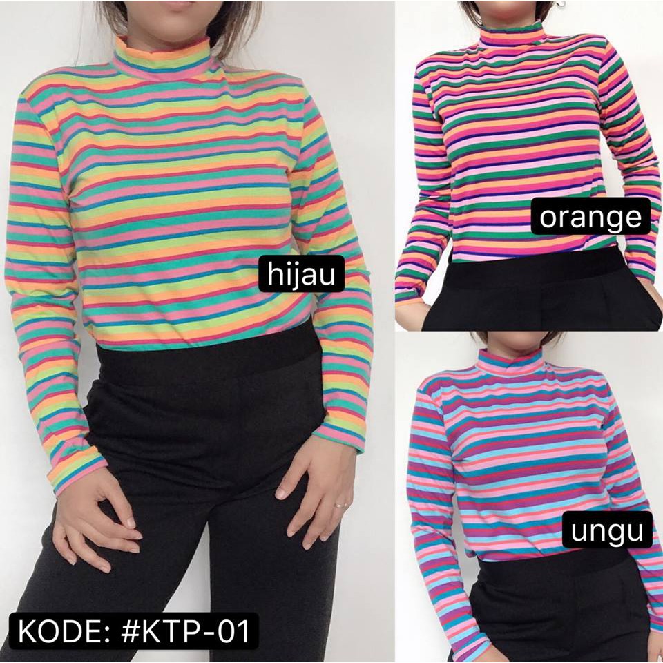 Kaos T Shirt Wanita Casual Lengan Panjang Model Turtle Neck Versi