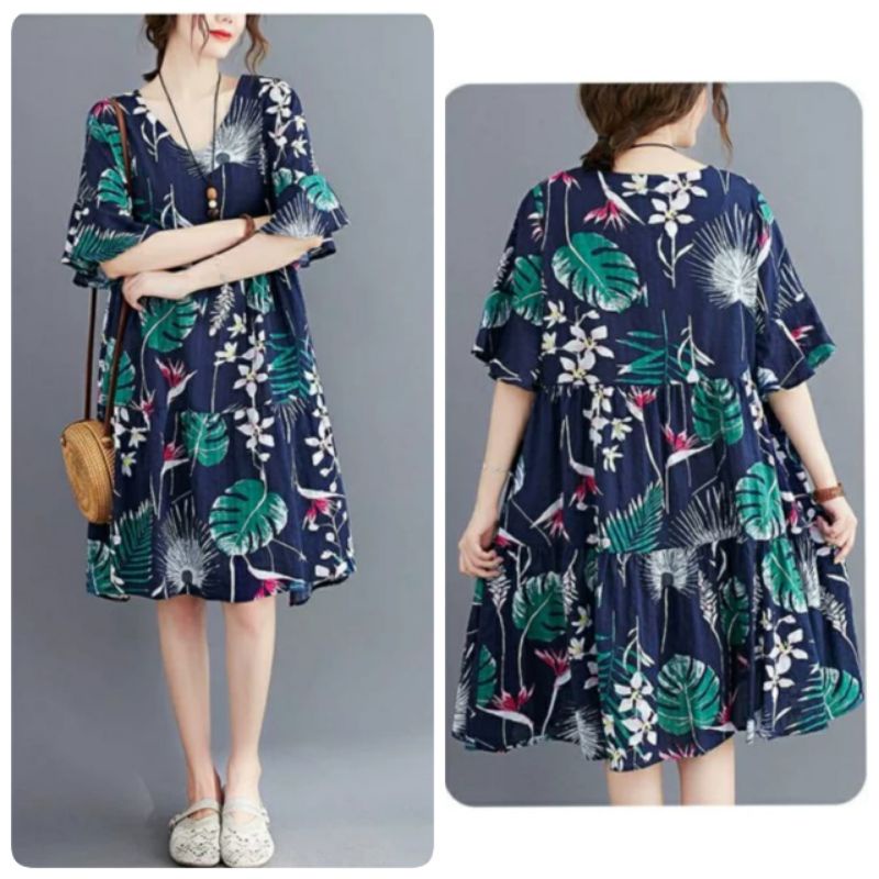 MDLV ~ 53009 Hervania Loose Dress Motif Daun Fashion Import