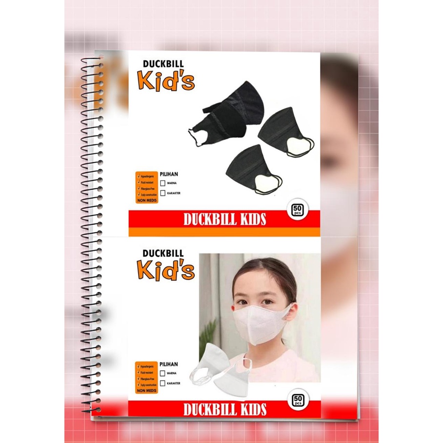 isi 50pcs 3ply  Masker Duckbill Anak Masker Anak 3ply Mask Karakter Motif Duckbill Premium Quality Pilihan Warna Hitam Putih