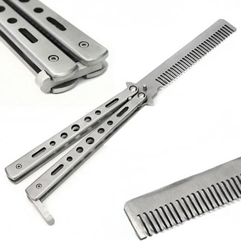 Sisir Laki Laki Sejati Sisir Besi Model Auto Macho Anti Stres Sisir Lipat Besi Sisir Cowok Foldable Comb Stainless Steel Practice Training Butterfly Knife Comb Beard Moustache Brushes Hairdressing Styling Tool Folding