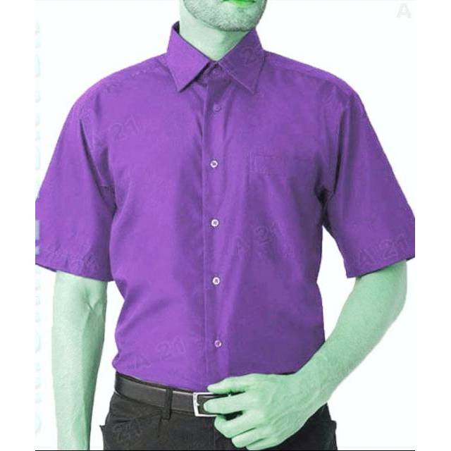 kemeja lengan pendek polos ungu tua.