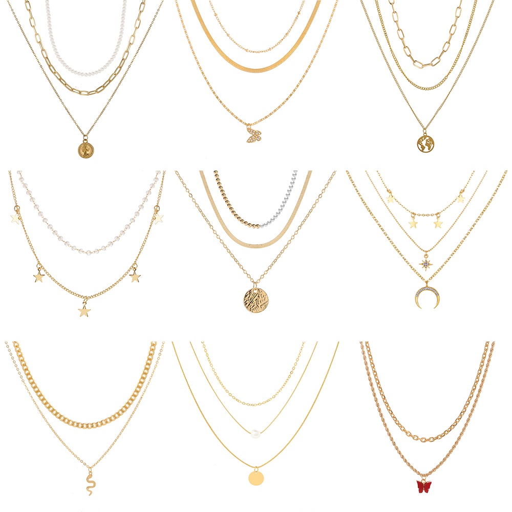 Fashion Snake Butterfly Sun Heart Pendant Necklace Pearl Gold Multilayer Chain Choker for Women Accessories Jewelry