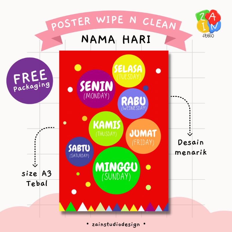Jual POSTER ANAK SERI NAMA HARI 02 (BILINGUAL) - POSTER BELAJAR EDUKASI