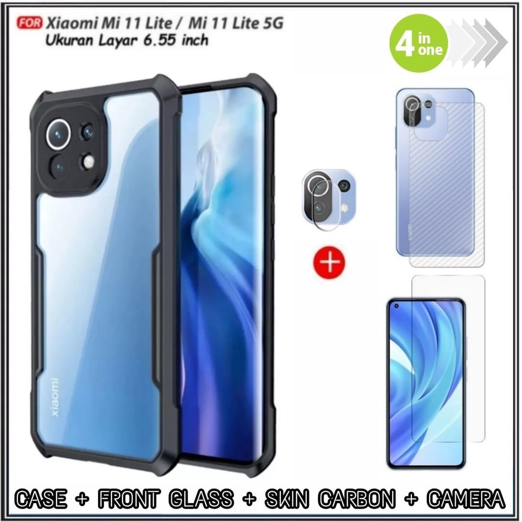Paket 4IN1 Case Xiaomi Mi 11 Lite, Mi 11 Lite 5G, POCO M3 Soft Hard Transparant Case Cover