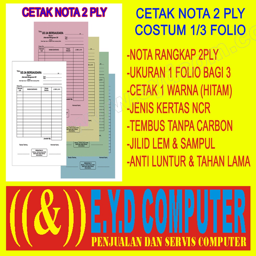 

CETAK NOTA 2 PLY 1 FOLIO BAGI 3 KERTAS NCR COSTUM ISI RANGKAP CEK BON KWITANSI SURAT JALAN
