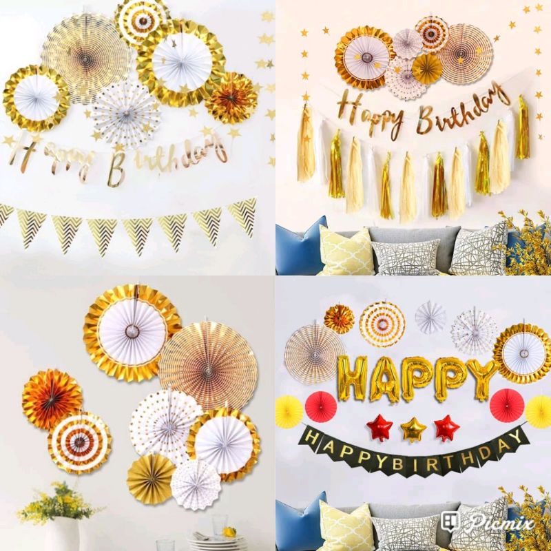 Dekorasi Dinding Paper Fan Gold Motif Hiasan Paperfan Cantik Aesthetic party decoration Birthday Ult