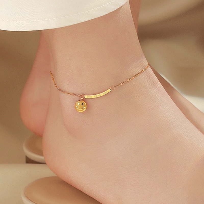 SEALOVE Gelang Kaki Titanium Anti-karat Wanita Premium Smiley Liontin Perhiasan Korea Emas 18k