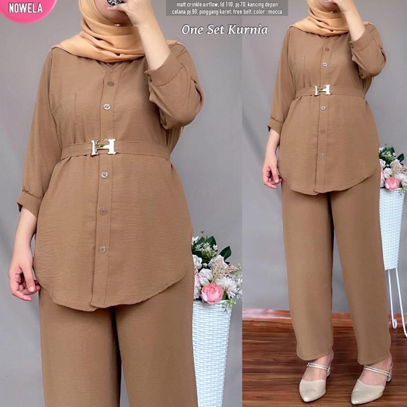 One Set Setelan Wanita Crinkle Airflow One Set Crinkle Airflow Kemeja Dan Celana Kekinian Free Belt
