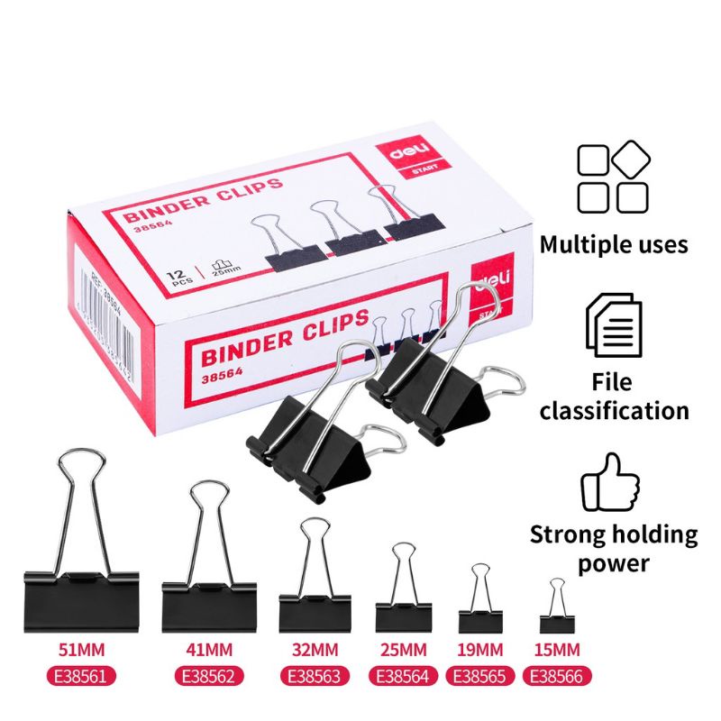 

ATK-POINT | DELI Binder clips 51mm/41mm/32mm/19mm/15mm hitam [38561,38562,38563,38565,38566]