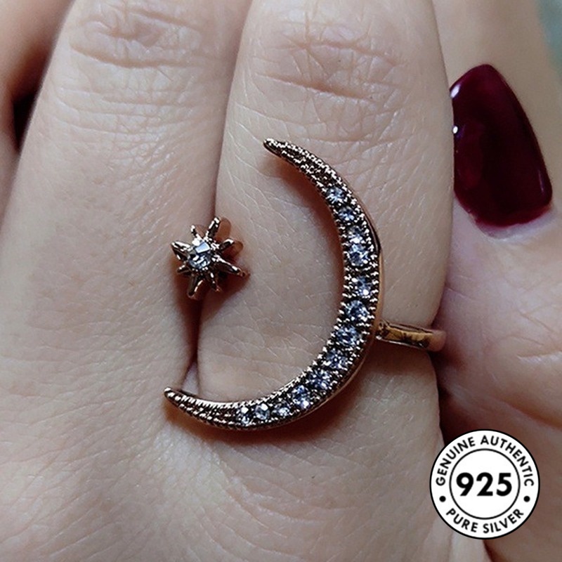 Cincin Desain Bulan Bintang Bahan S925 Silver Gaya Elegan
