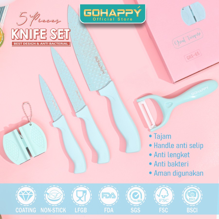 Pisau Set Pastel DIAMOND BESTSELLER ( free gunting dan peeler ) korean knife set Rainbow FULLSET