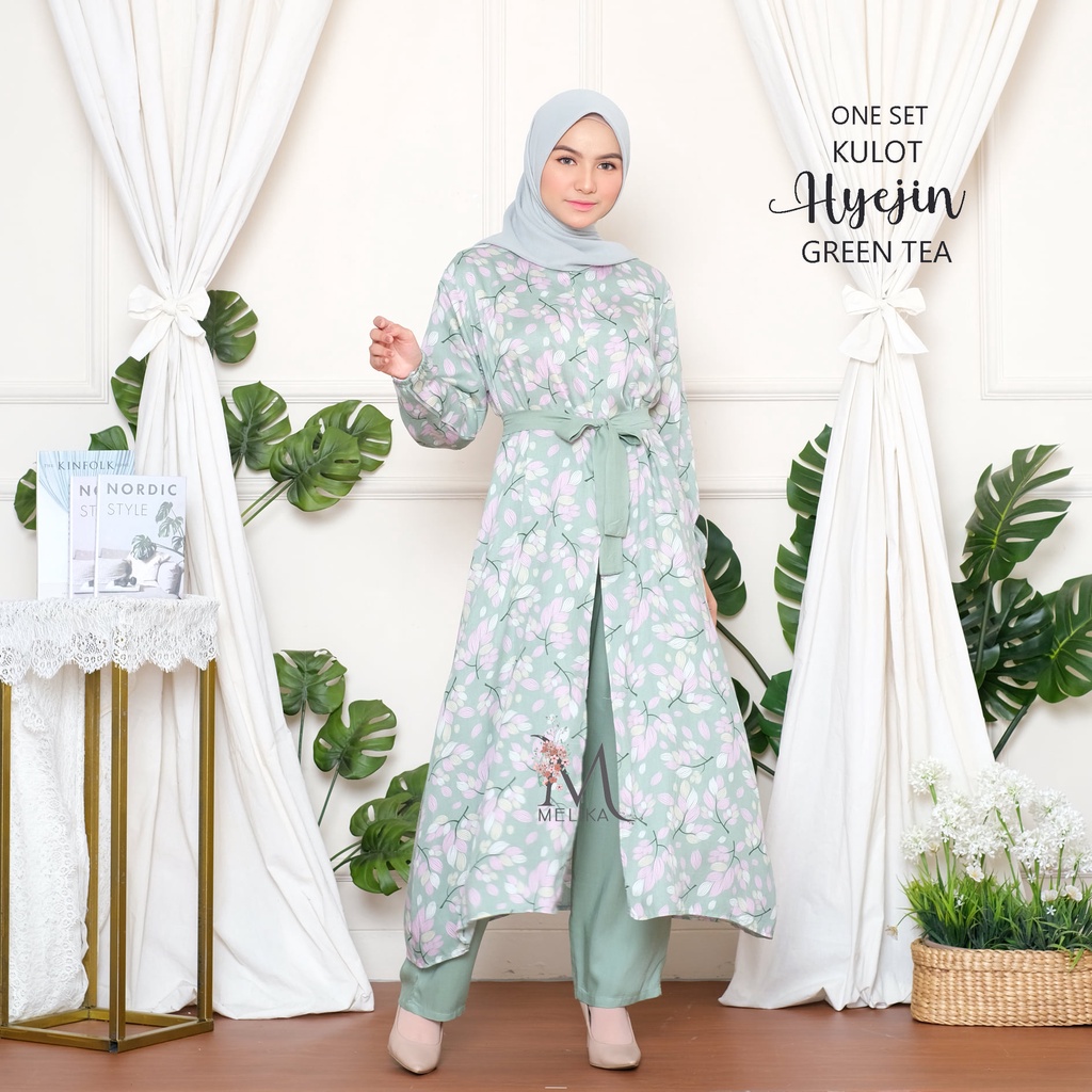 Pusat Mukena Indonesia - One Set Tunik Kulot Muslim Korea Hyejin-GREEN TEA