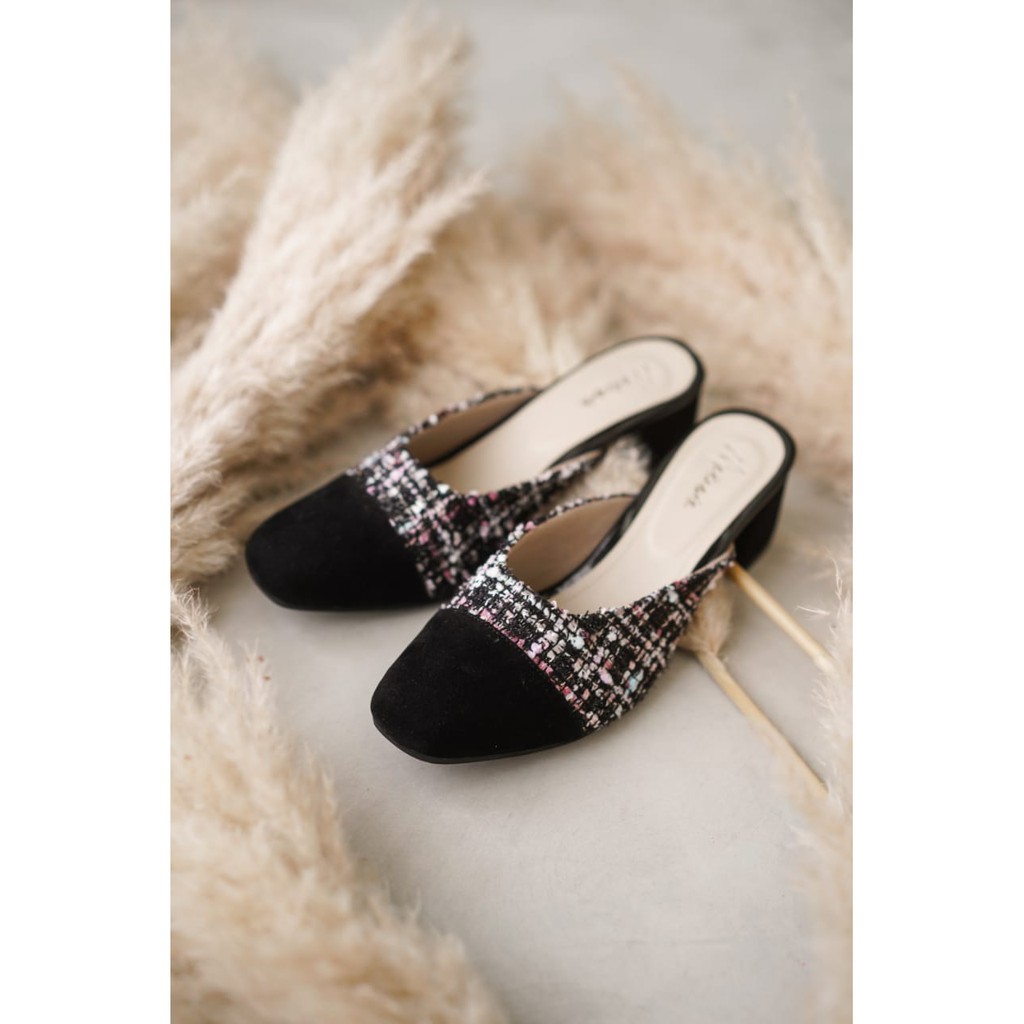 MARNOVA - COLETTE Sepatu Wanita Mules Heels 5cm Bahan Tweed - Hitam
