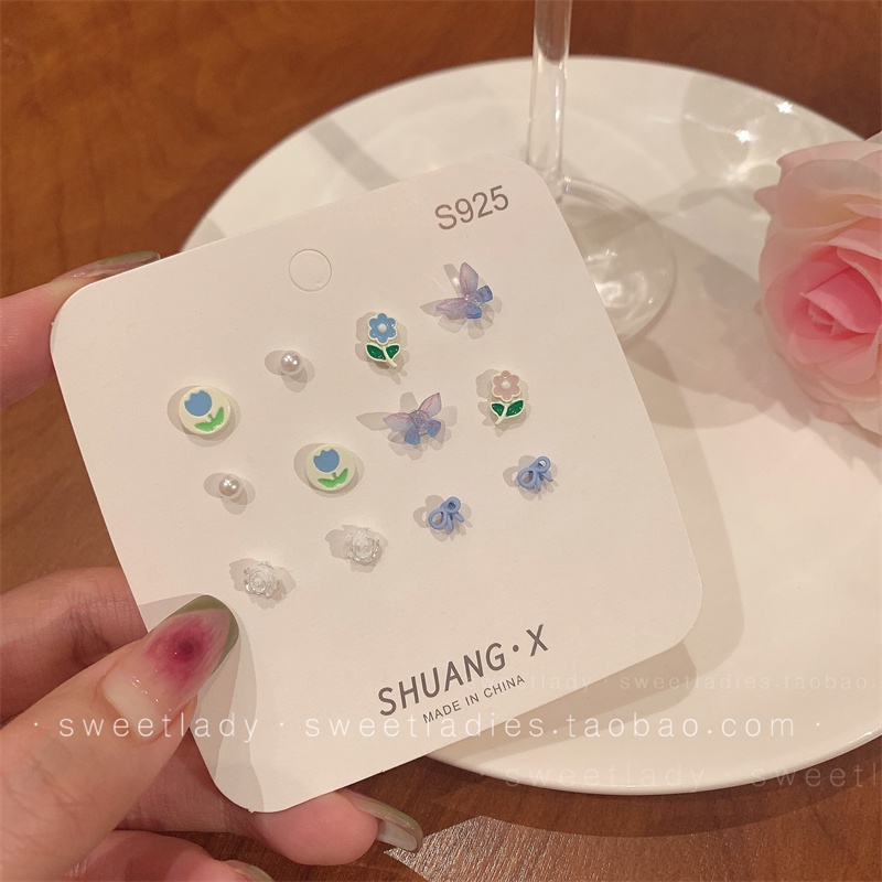 Set Anting Stud Desain Bunga Tulip Kupu-Kupu Warna-Warni Bahan 925 Silver Needle Untuk Wanita