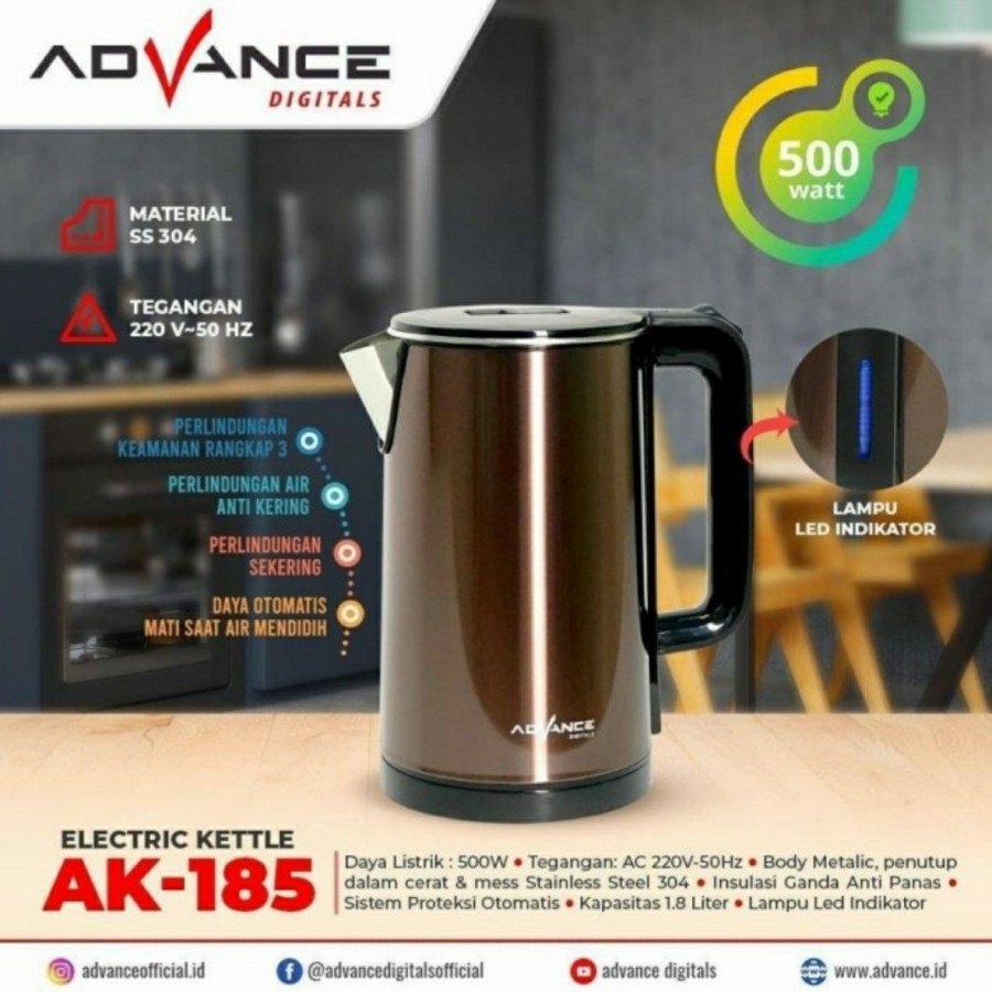 TEKO AIR LISTRIK KETTLE LISTRIK ADVANCE AK-185 OTOMATIS KAPASITAS 1,8 LITER