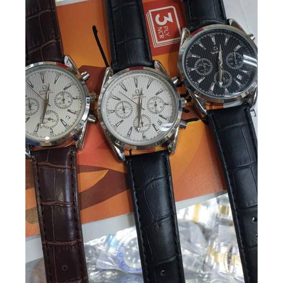 Lagi Tren.. Jam tangan fashion pria/laki laki OMEGA chrono aktif tanggal aktif model tali kulit supe