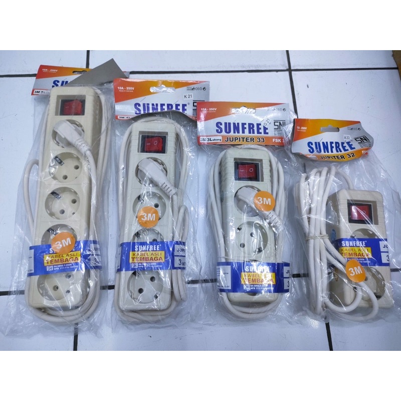 Stop kontak Merk Sunfree 3meter/sunfree SNI/colokan multifungsi