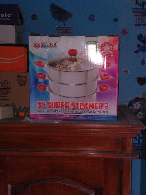 Panci Susun 3 Supra Super Steamer 32 Cm Besar Stainless Steel Kukus Tingkat Masak Arisan Tutup Kaca