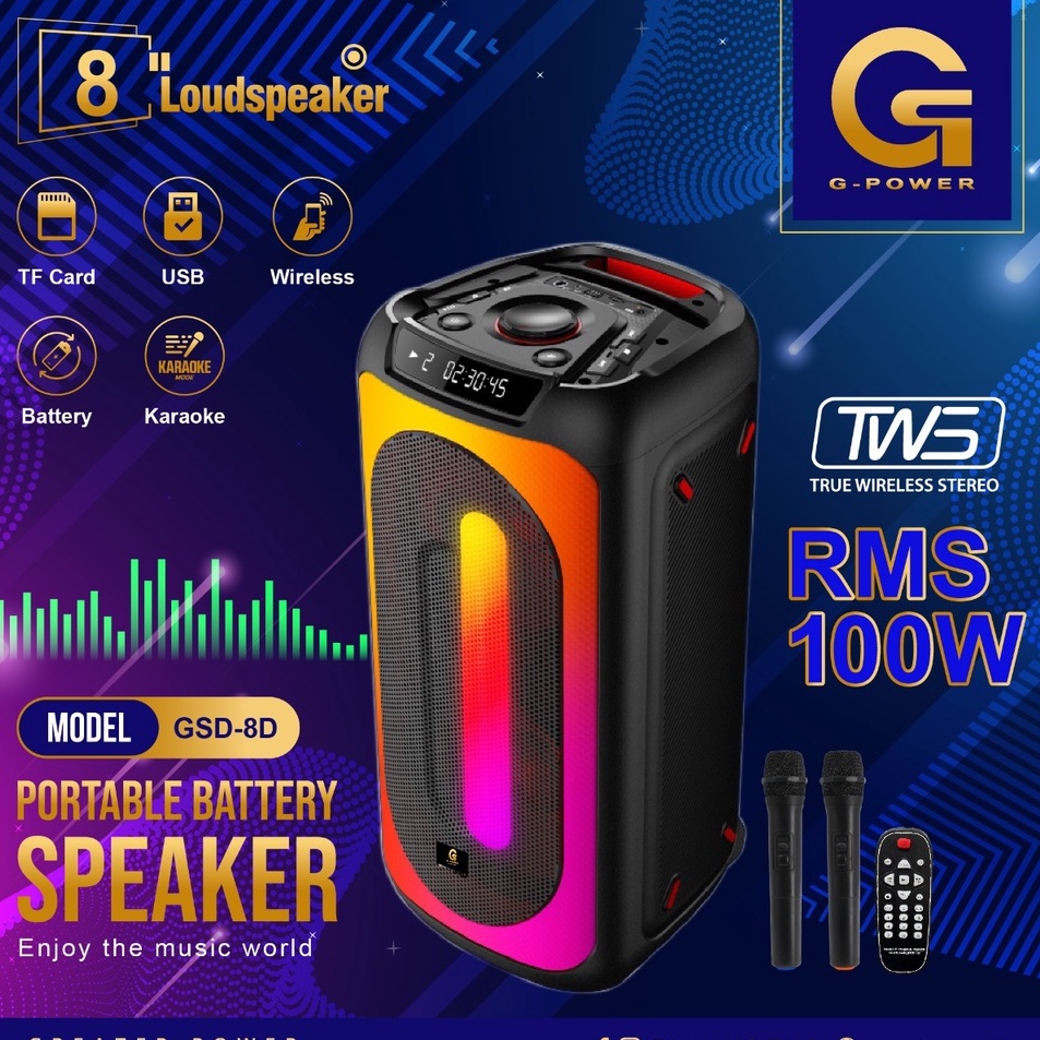 G - POWER SPEAKER PORTABLE GSD 8D RGB LED DISPLAY ORIGINAL FREE 2 MIC WIRELESS