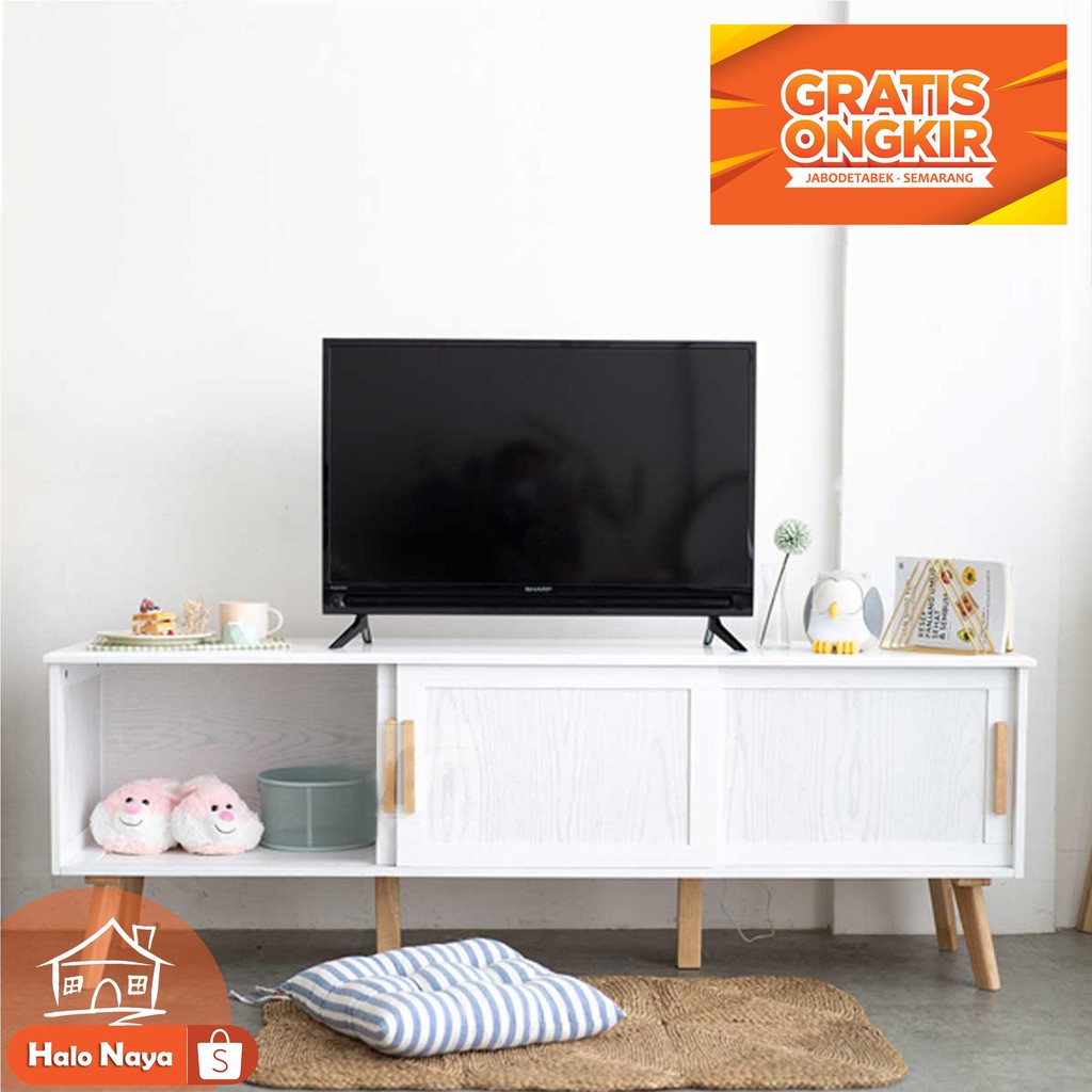 Bufet Meja TV Minimalis untuk Rak Lemari TV Warna Putih Scandinavian Dengan Pintu Sliding HALO NAYA