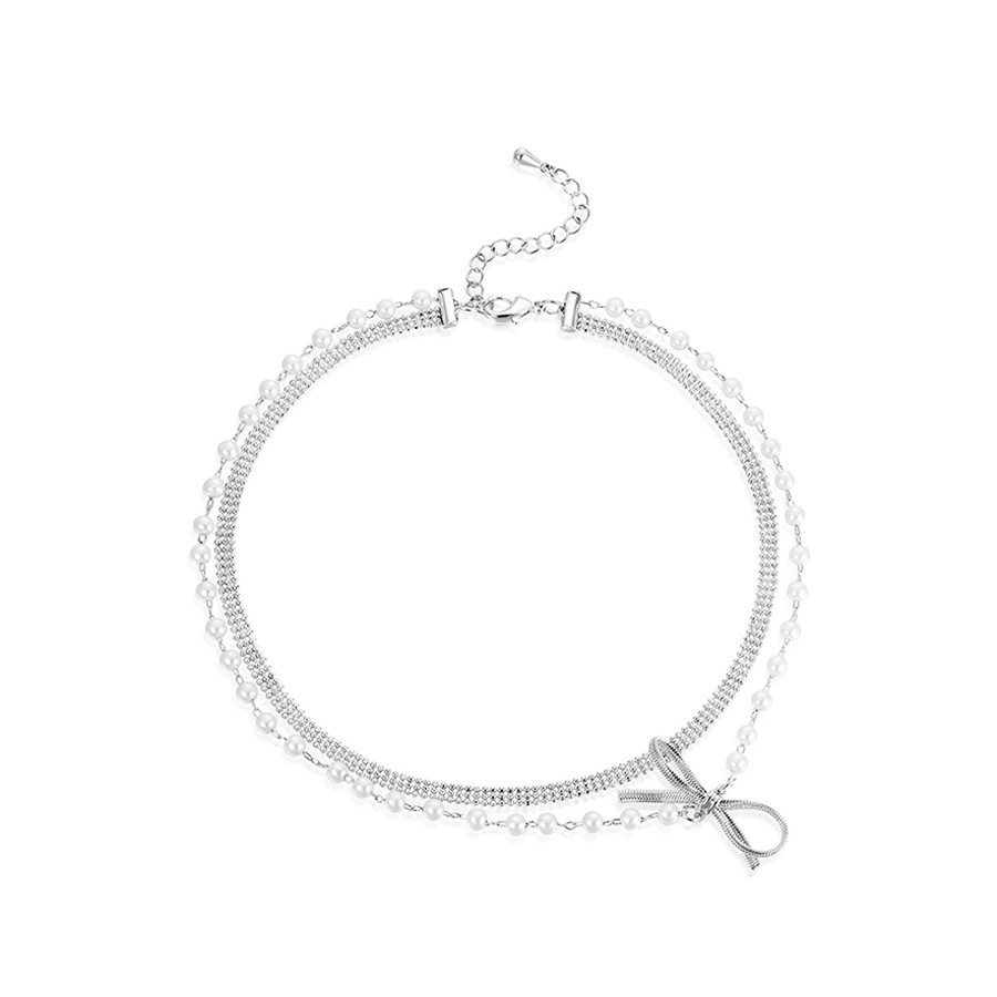 Kalung Mutiara Busur Ganda Fashion Niche Susun Wanita Rantai Klavikula Pendek