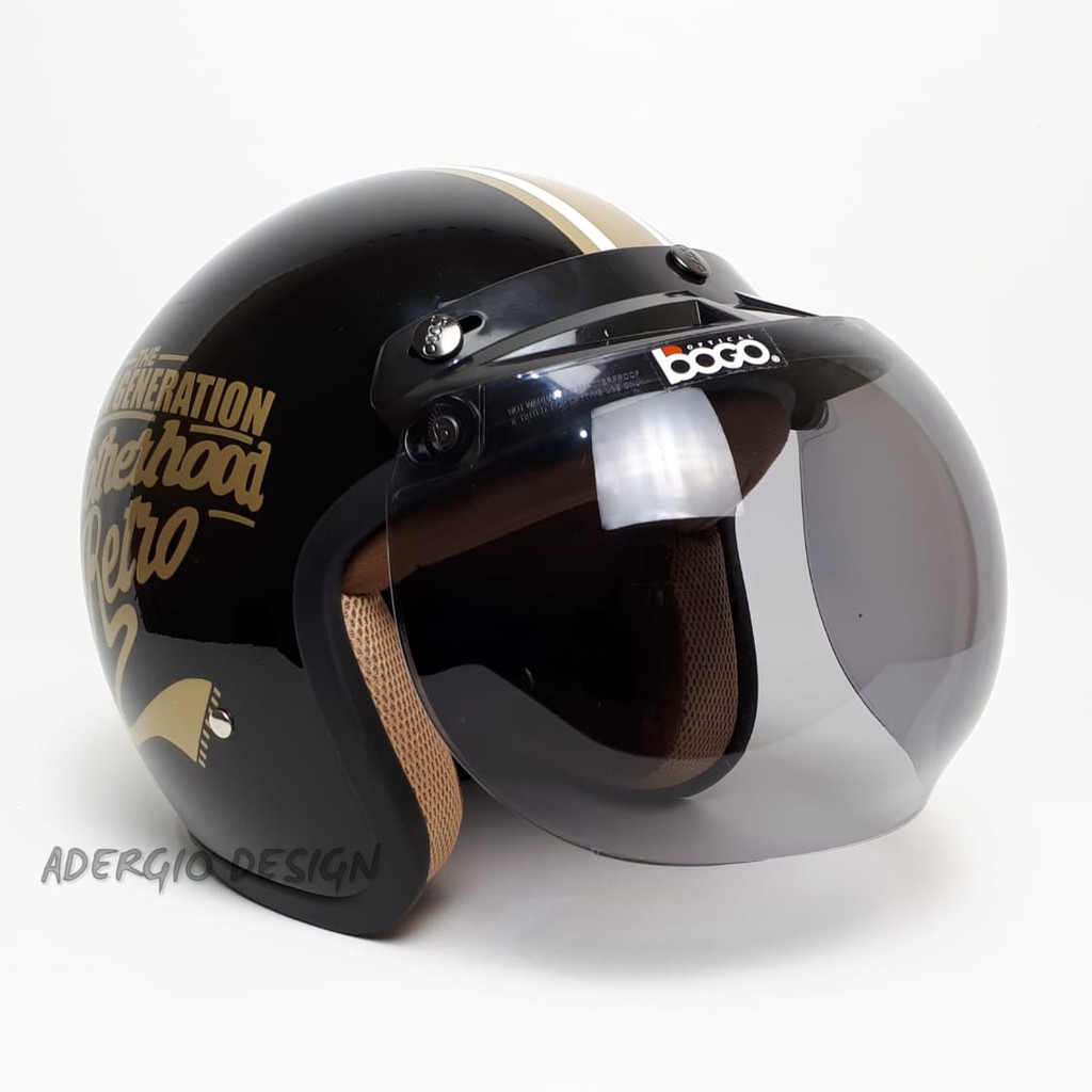 HELM BOGO DEWASA RETRO FULL LEHER SNI FCM Brotherhood Hitam Glossy List Emas