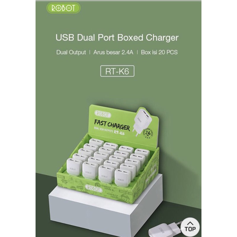 Robot adaptor charge RT-K6 2.4A Dual Output Charger Fast Charging (1 Box isi 20 Pcs) original resmi