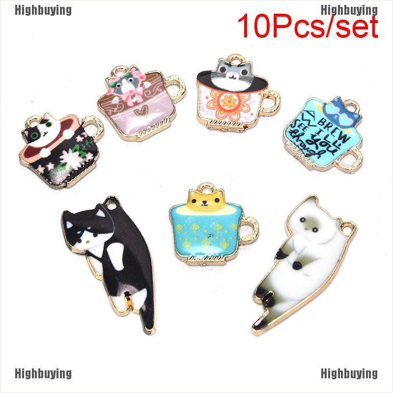 Hbid Glory 10Pcs / Set Liontin Enamel Alloy Bentuk Kucing / Cangkir Teh Untuk DIY Perhiasan / Craft