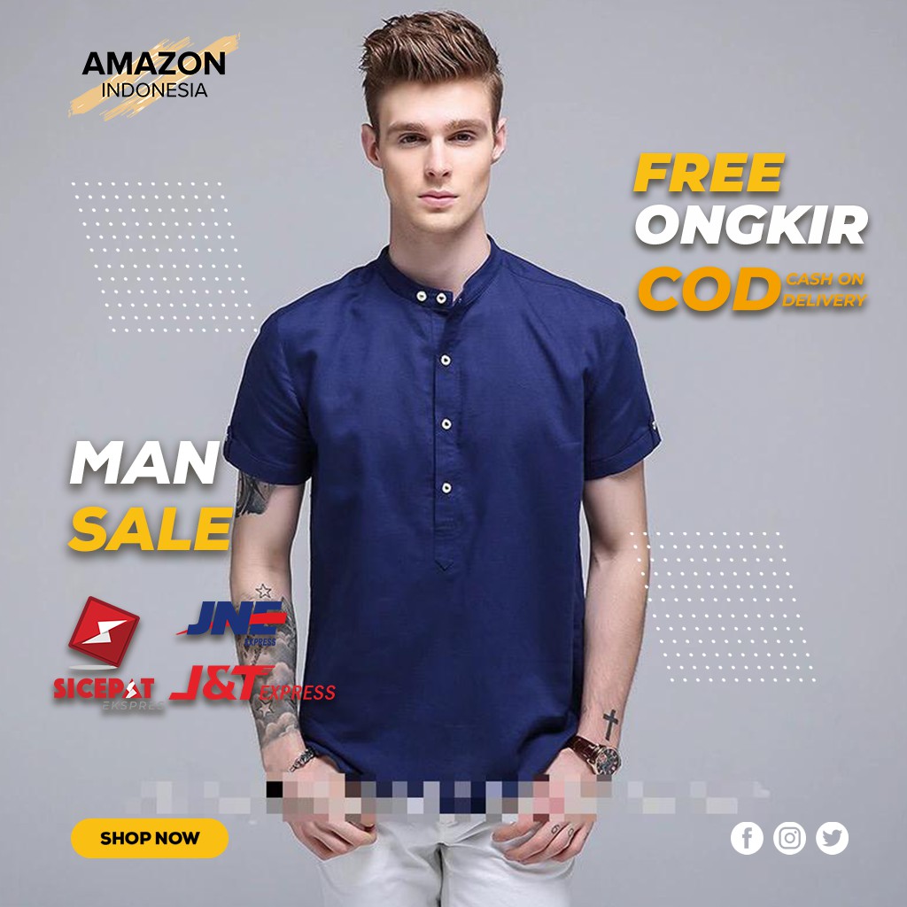 BAJU MUSLIM ATASAN PRIA BAJU KOKO WARNA BIRU DONGKER STYLE CASUAL LENGAN PENDEK BAHAN KATUN STRETCH